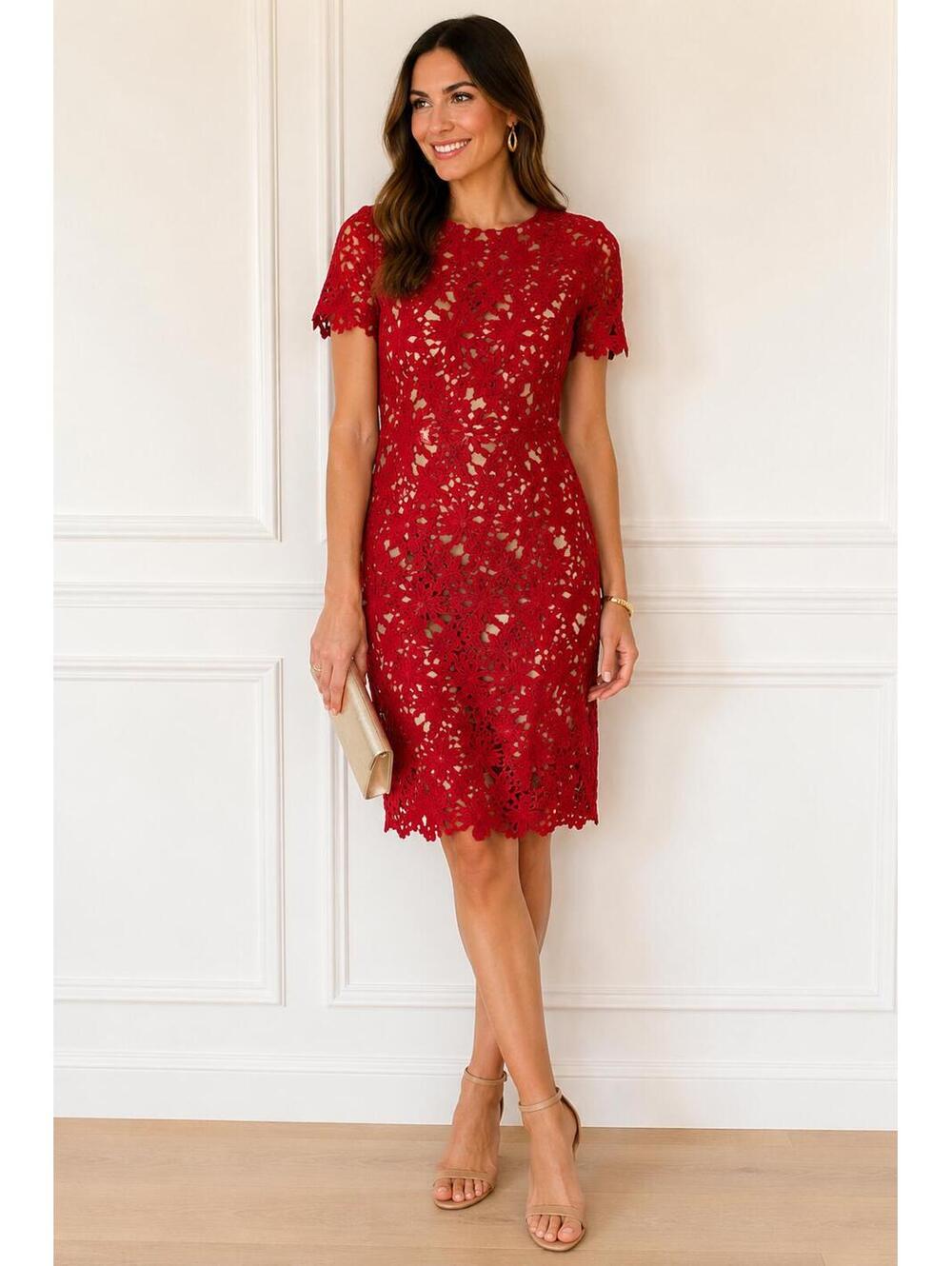 Basque Red Floral Crochet Lace Sheath Dress Sz. 8 Romantic Core Garden Party